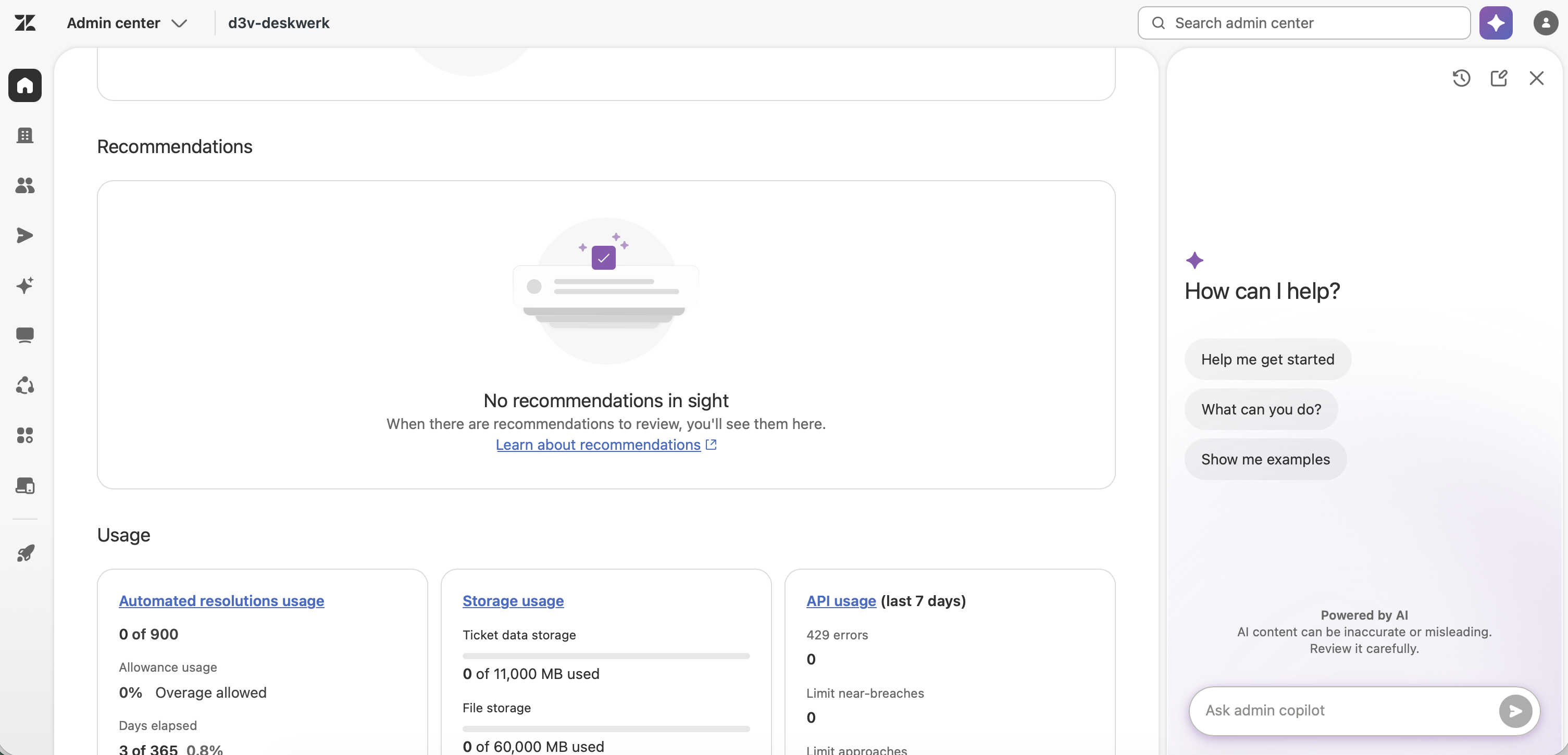 Admin Center mit geöffnetem Admin Copilot