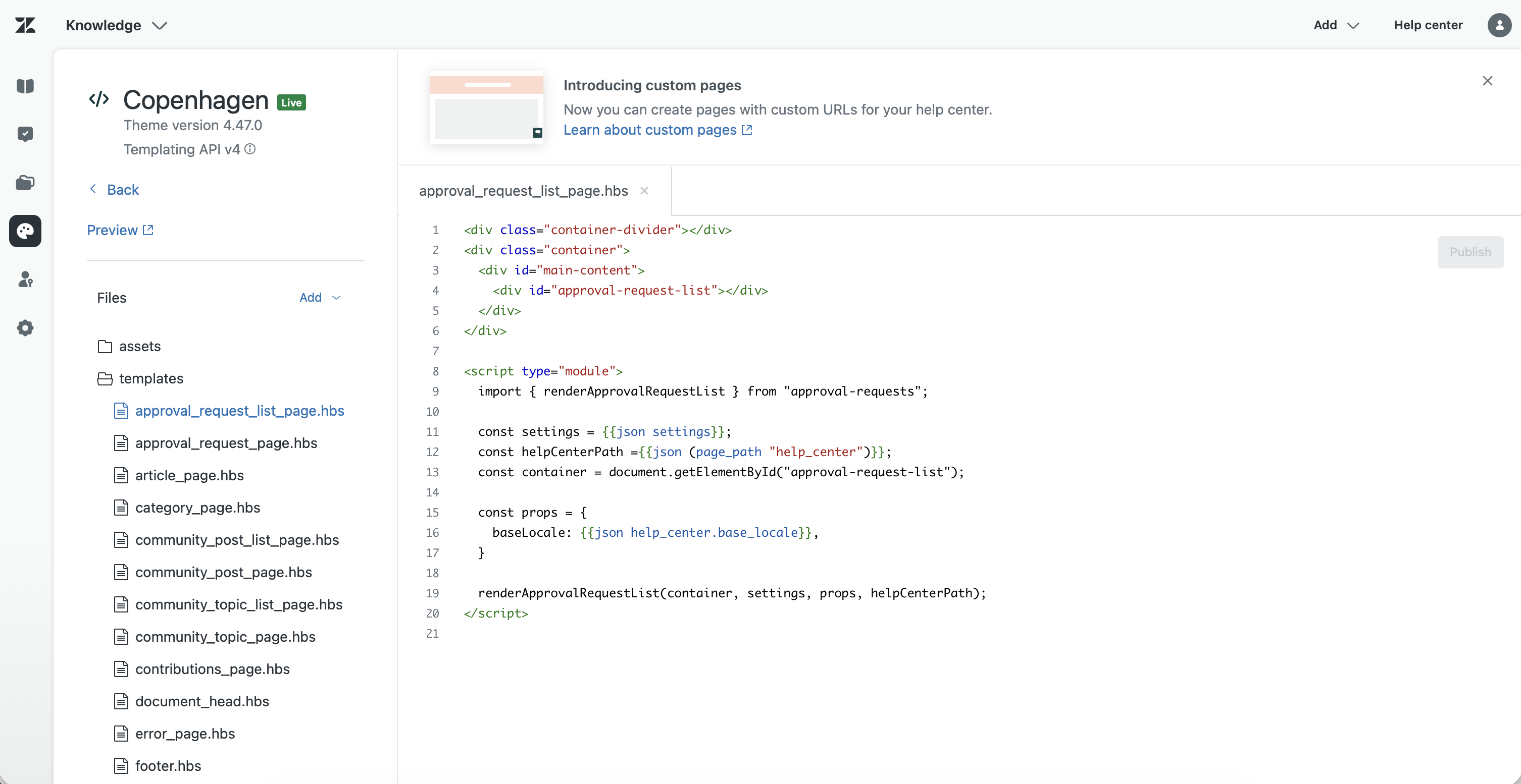Zendesk-Theme-Code-Editor mit Templates, style.css und script.js
